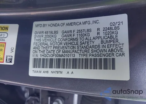 2021 Honda Accord Hybrid Ex-L z USA, uszkodzony, nr VIN 1HGCV3F50MA010113